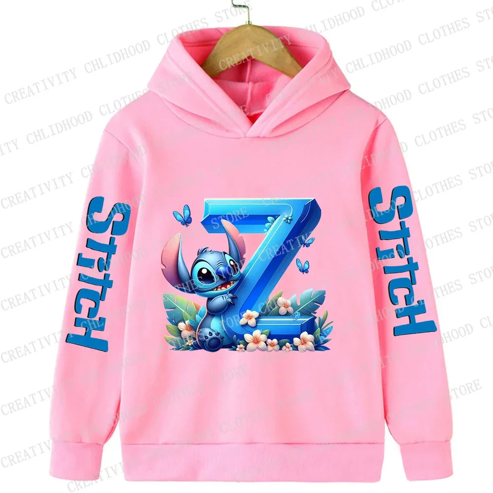 Stitch Children Hoodies 26 English Letters ABCD Kids Winter Pullover Casual Clothes Kid Girl Boy Cartoon Kawaii Tops Sweatshirts