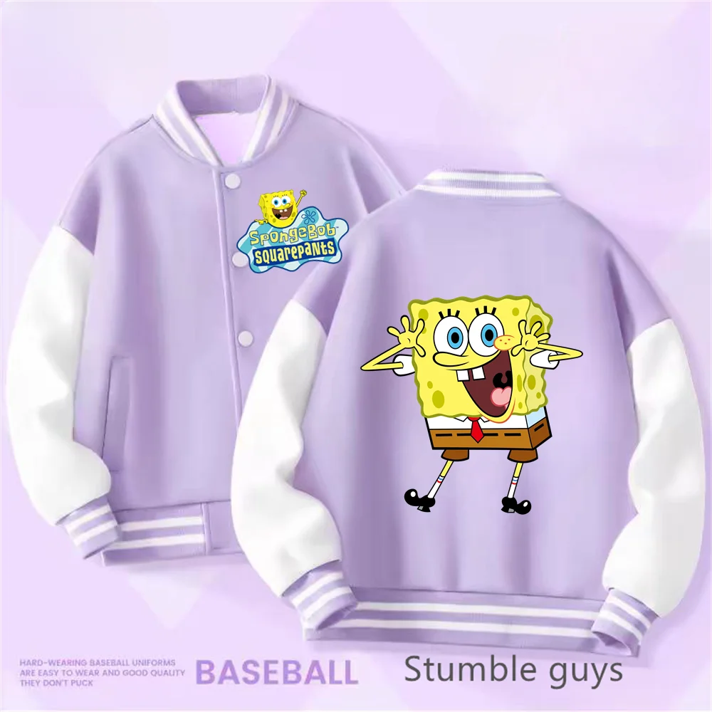 Kids Clothing 2-14 Years Old Baseball Uniform Boys Girls Fall/Winter Jacket SpongeBob SquarePants Print Thickened Warm Coat