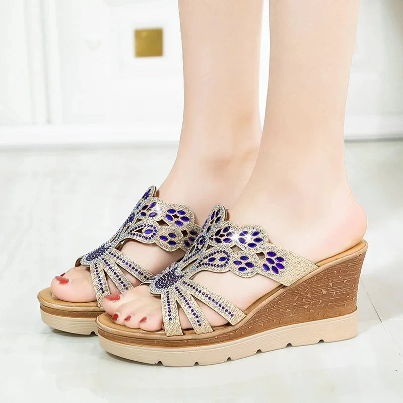 Women Round Toe Wedges Heel Casual Party Rhinestones Sandals