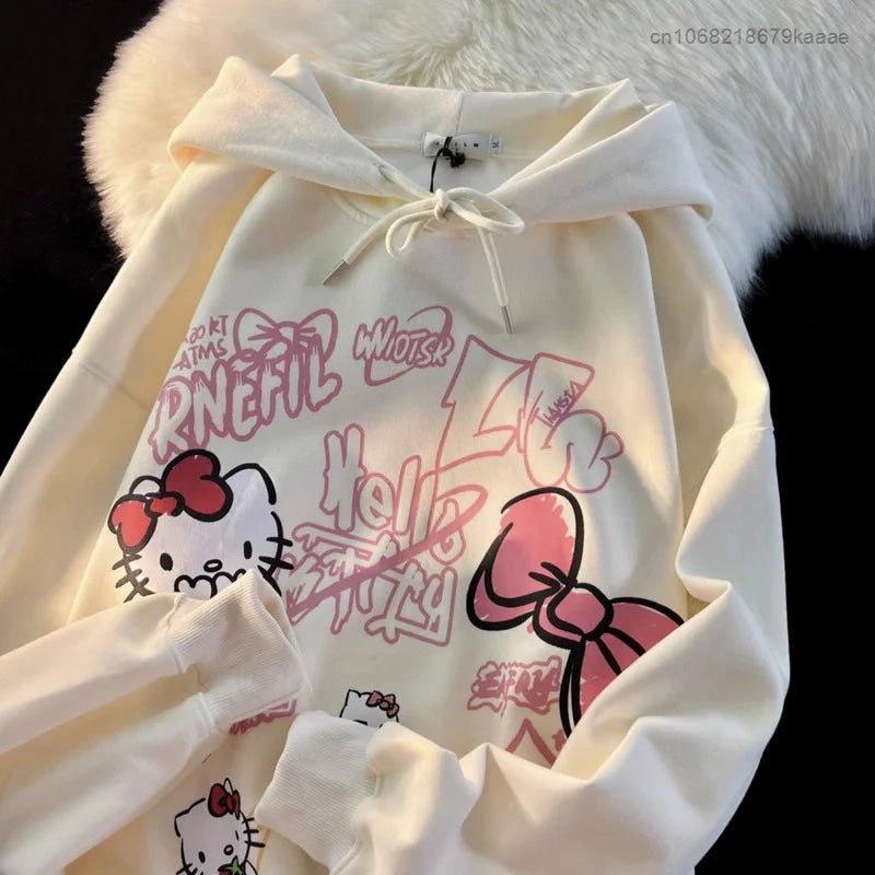 Sanrio Hello Kitty New Print Tops Hooded Women Men Autumn Winter Aesthetic Loose Sweatshirts Y2k Cute Pullovers Fashion Clothes