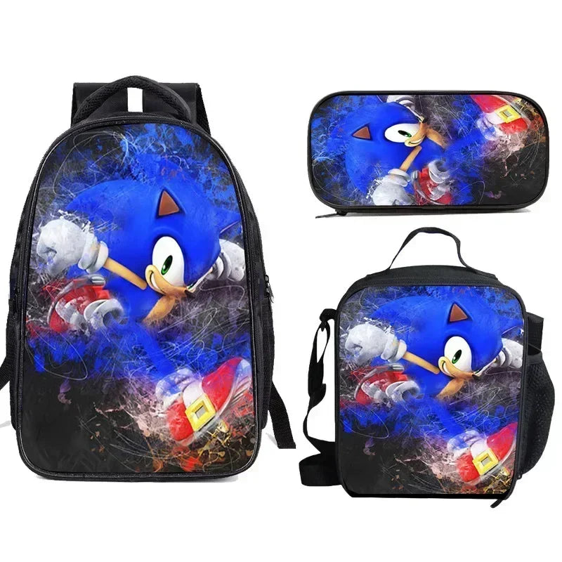 3PC-SET New Cartoon Meal Bag Sonic Lunch Bag Pencil Bag Primary and Middle School Students Backpack Cartoon School Bag Mochila