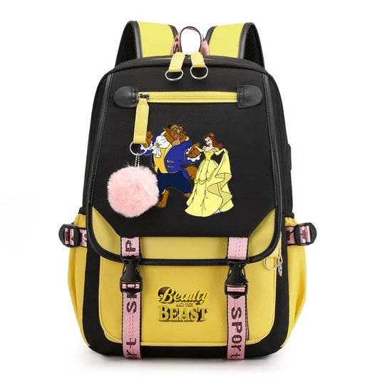 Disney Beauty and the Beast Backpacks Teenager USB Charging Laptop Backpack Women Men Rucksack Travel Bag Mochila