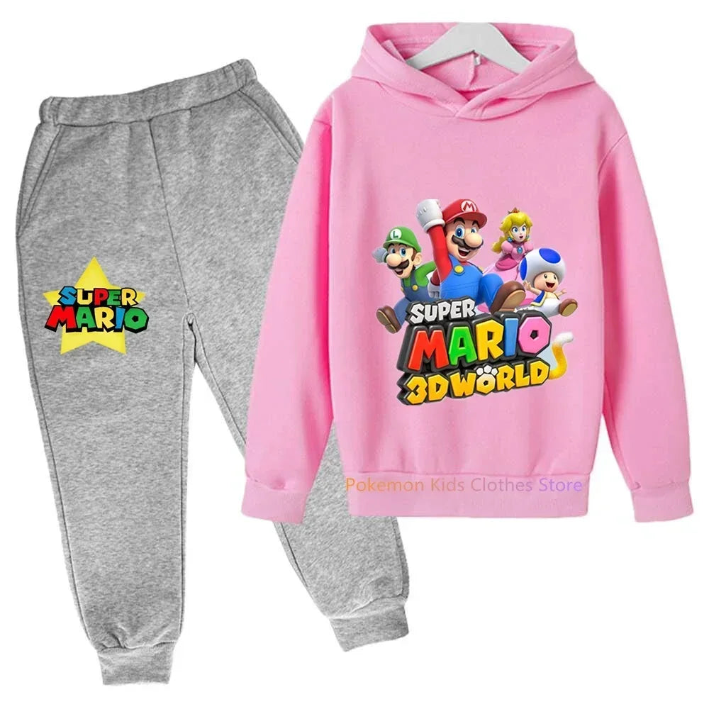 Kids Clothes Girls Boys Game Super Mario Bros Long-sleeve Hoodies Pants 2 Pcs Sets Boys Anime Kawaii Clothes Suit Sportwear