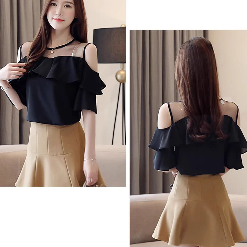 Mesh Chiffon Blouse Summer Short Sleeve Ruffles Tops Sexy Off Shoulder Shirt