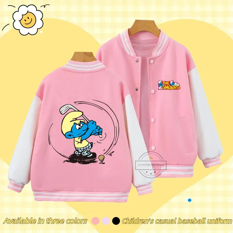 Smurfs Anime Men and Women's Casual Fashion Sports Baseball Jacket Cardigan Sweatshirt Jacket 3-14 Years Old Autumn