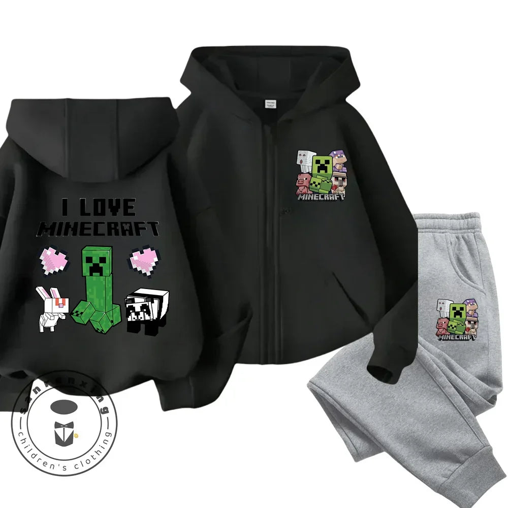 Melody Anime Printed Boy's and Girl's Minecraft Hoodies Zipper Set Casual Sports Fashion Top,Pants for Ages 3-14