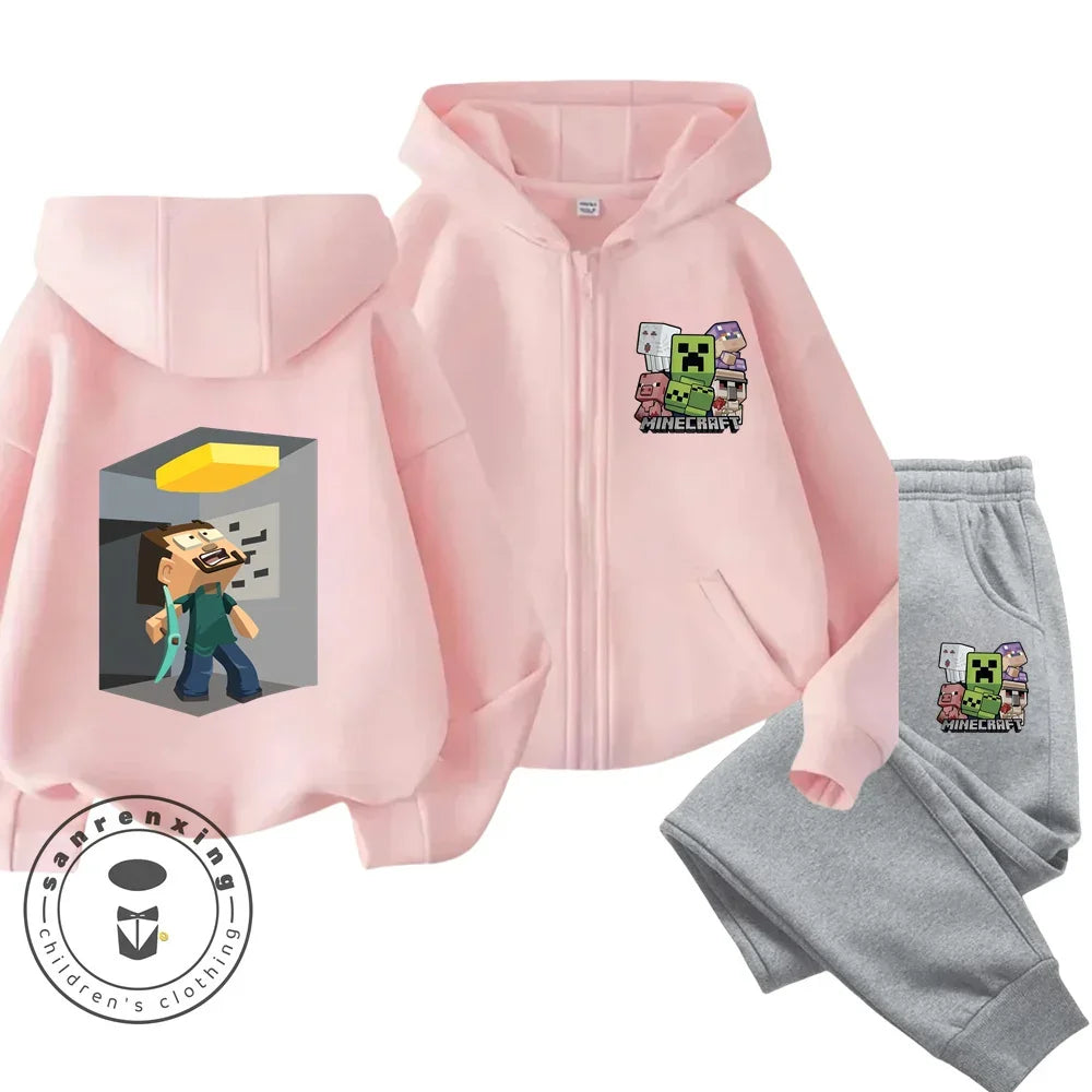 Minecraft Anime Printed Boys and Girls Hoodies Hoodies Zipper Set Casual Sports Fashion Top Pants 3-14 Years Old