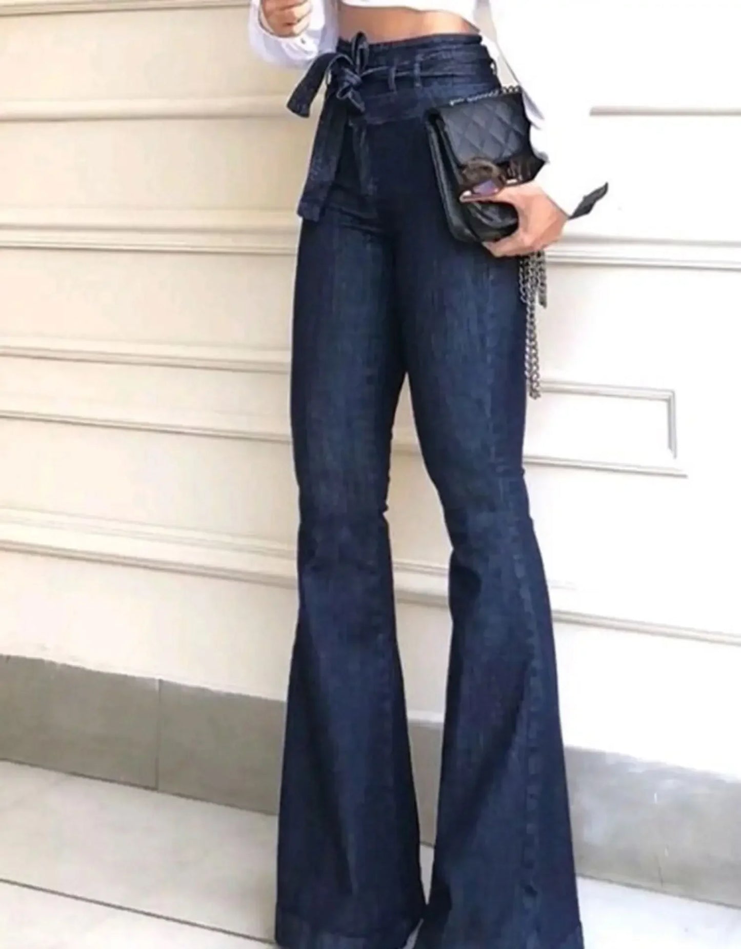 Women Jeans Solid Color High Waist Flare Pants Zipper Fly Flat Pockets Streetwear Slim Patchwork Button Slight Strech Belt