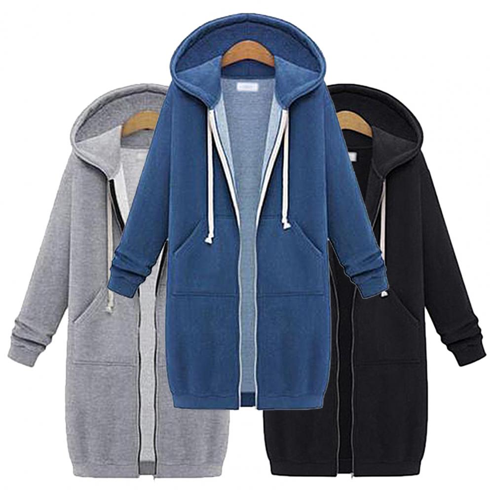 Solid Color Side Pockets Jacket Hoodie Long Sleeve Zipper Closure Drawstring Hooded Sweatshirt Ladies Clothing