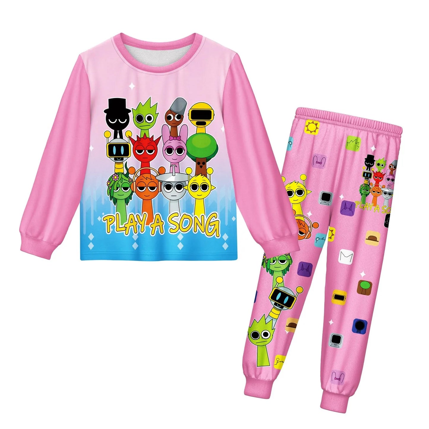 Sprunki Pajama Sets Kids Cartoon Incredibox Clothes Toddler Boys Daily Nightgowns Baby Girls Long Sleeve T Shirt+Pants 2pcs Sets