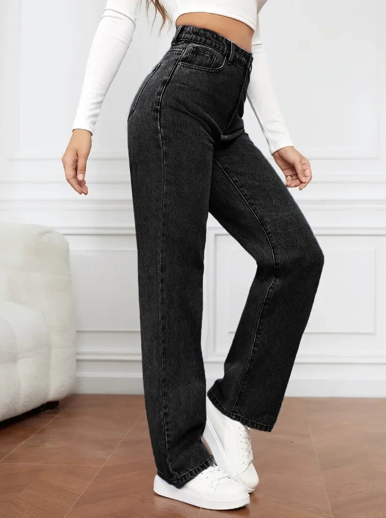 Women Jeans Straight Pants Denim Washing High Waist Loose Fit Pockets Basics Ankle Length Pants Solid Color Slight Strech