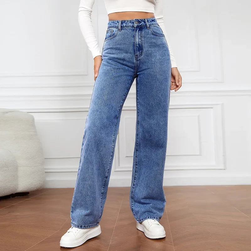 Women Jeans Straight Pants Denim Washing High Waist Loose Fit Pockets Basics Ankle Length Pants Solid Color Slight Strech