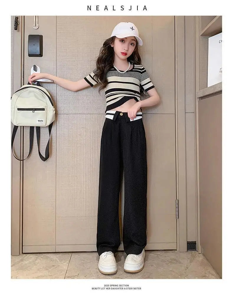 2024 summer Kids tracksuit Children set Girls Clothes striped T-Shirt + straight wide leg Cargo Pants Teenager 6 7 10 11 12 year