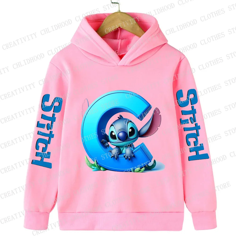 Stitch Children Hoodies 26 English Letters ABCD Kids Winter Pullover Casual Clothes Kid Girl Boy Cartoon Kawaii Tops Sweatshirts