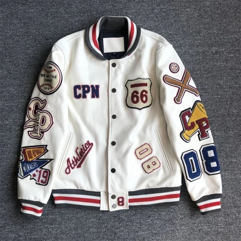 Mænds forår og efterår baseball uniform Y2K retro trend læderjakke tung industri broderi hvid kort frakke ins hot salg