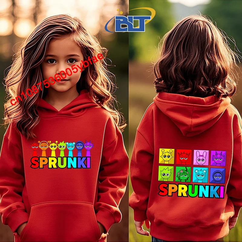 Cartoon Sprunki printed children's clothing kids hoodie red sports sweater casual tops for girls