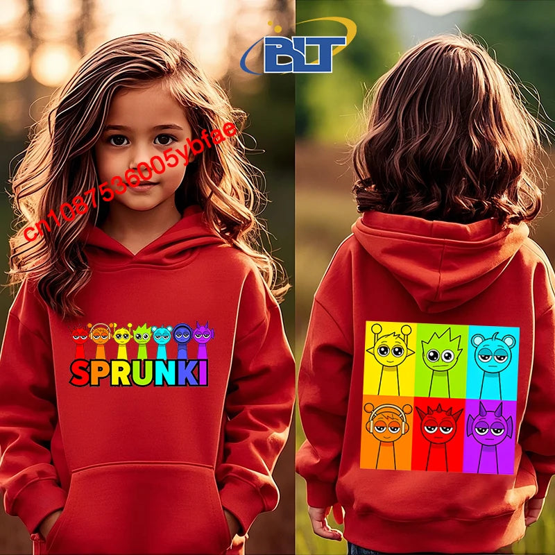 Cartoon Sprunki printed children's clothing kids hoodie red sports sweater casual tops for girls