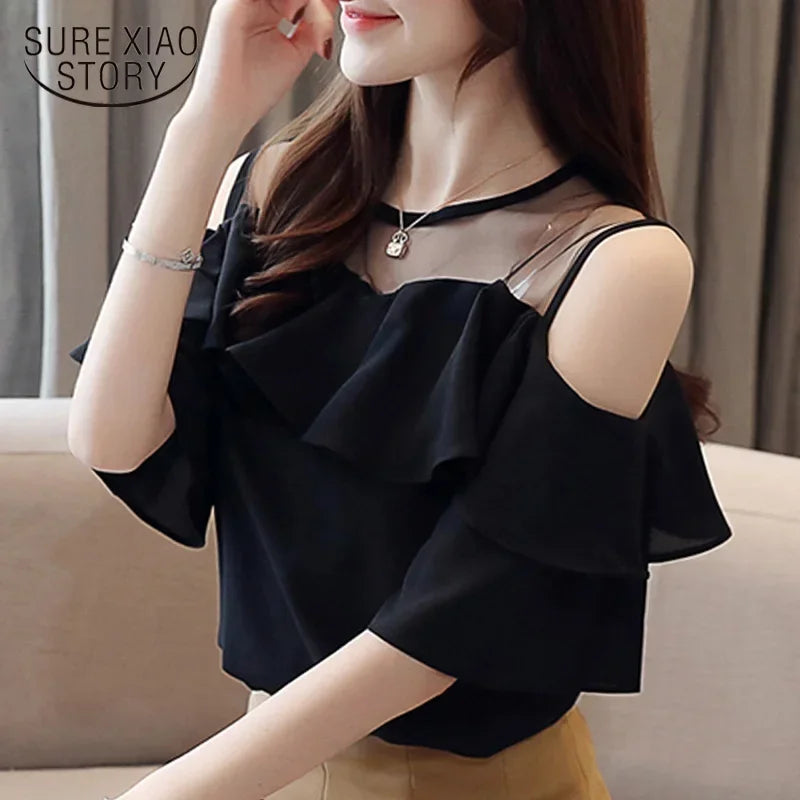 Mesh Chiffon Blouse Summer Short Sleeve Ruffles Tops Sexy Off Shoulder Shirt