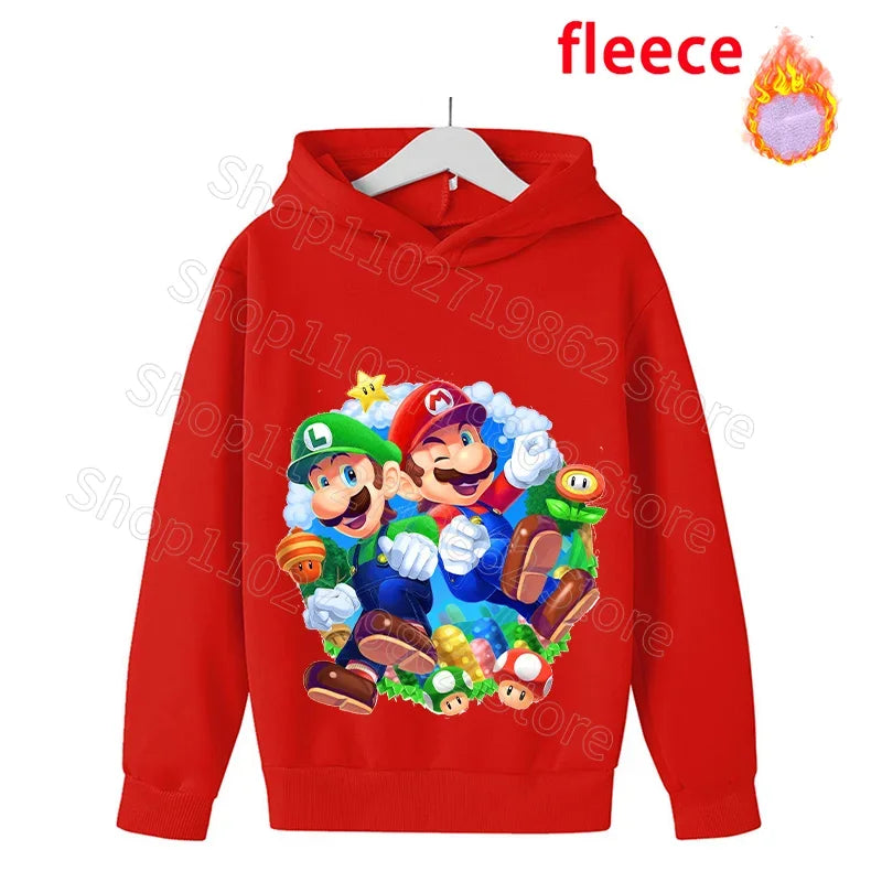 Super Mario Bros Kids Clothes Princess Peach Luigi Fleece Sweatshirts Cartoon Game Character Pattern Long Sleeves Baby Show Gift