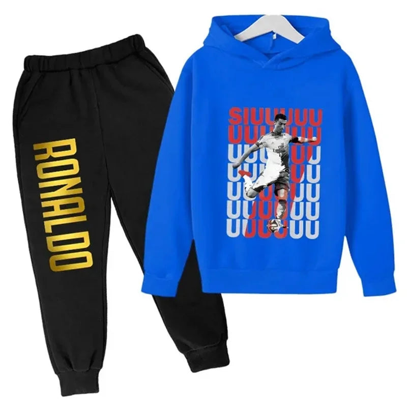 Ronaldo printed children's hoodie set autumn and winter fleece hooded pants two-piece sports casual children's clothing