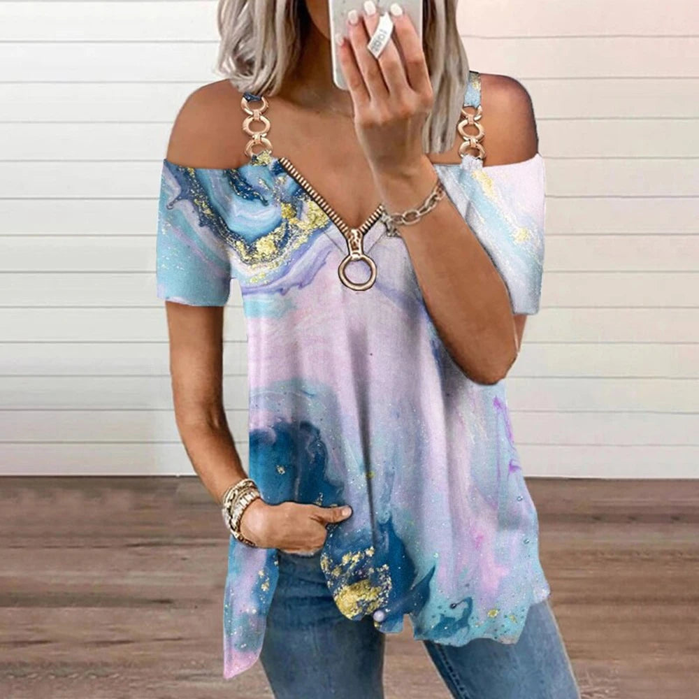 Zipper V Neck Chain T-Shirt Cold Shoulder Summer Blouse  Tops Clothing