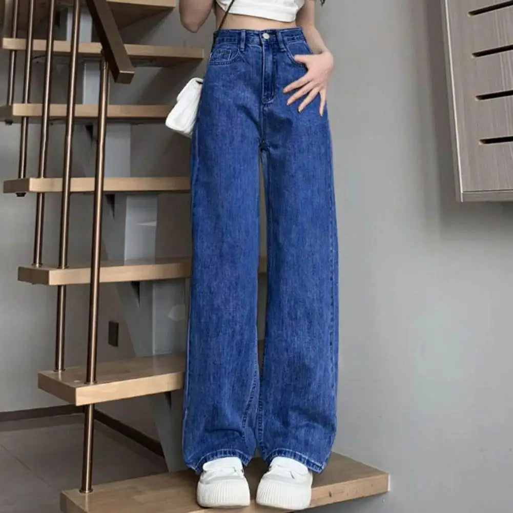 Women Jeans High Waist Button Zipper Closure Vintage Loose Fit Pockets Straight Wide Leg Streetwear Pants Daily Wear Long Trouse