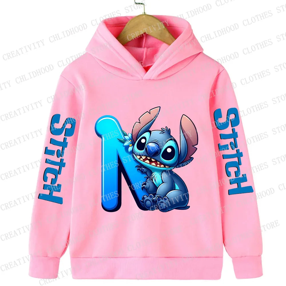 Stitch Children Hoodies 26 English Letters ABCD Kids Winter Pullover Casual Clothes Kid Girl Boy Cartoon Kawaii Tops Sweatshirts