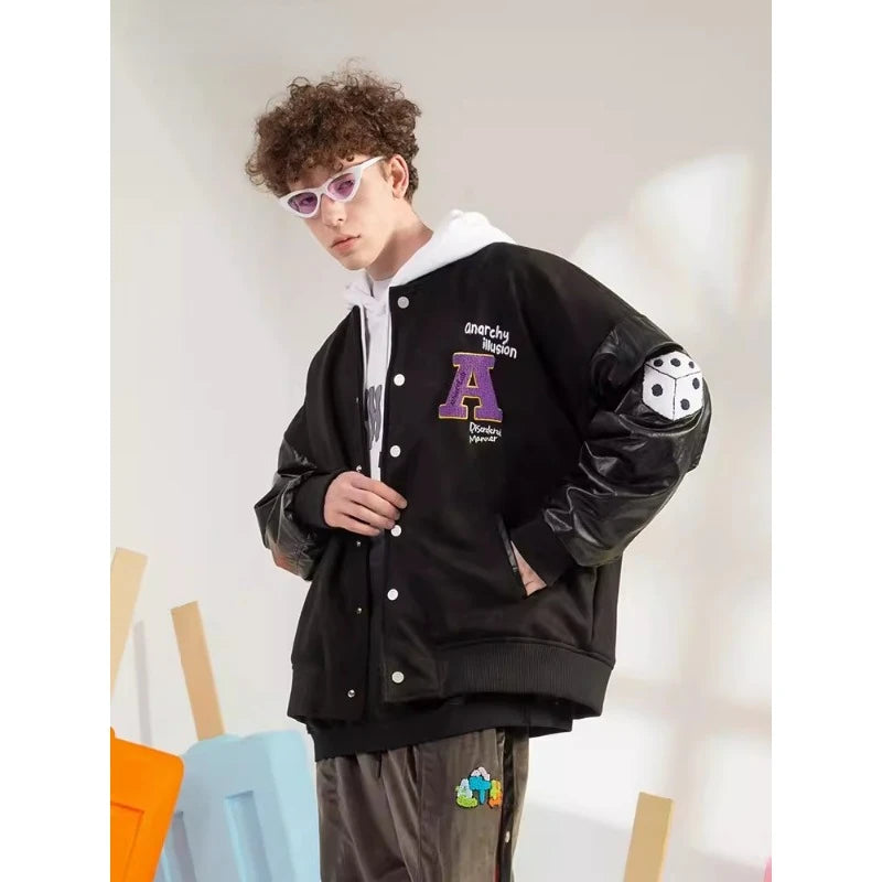 Hip Hop Harajuku Black Jackets Men Women Patchwork Embroidery Casual Bomber Jacket Couple Vintage Loose Varsity Coat Spring 2023