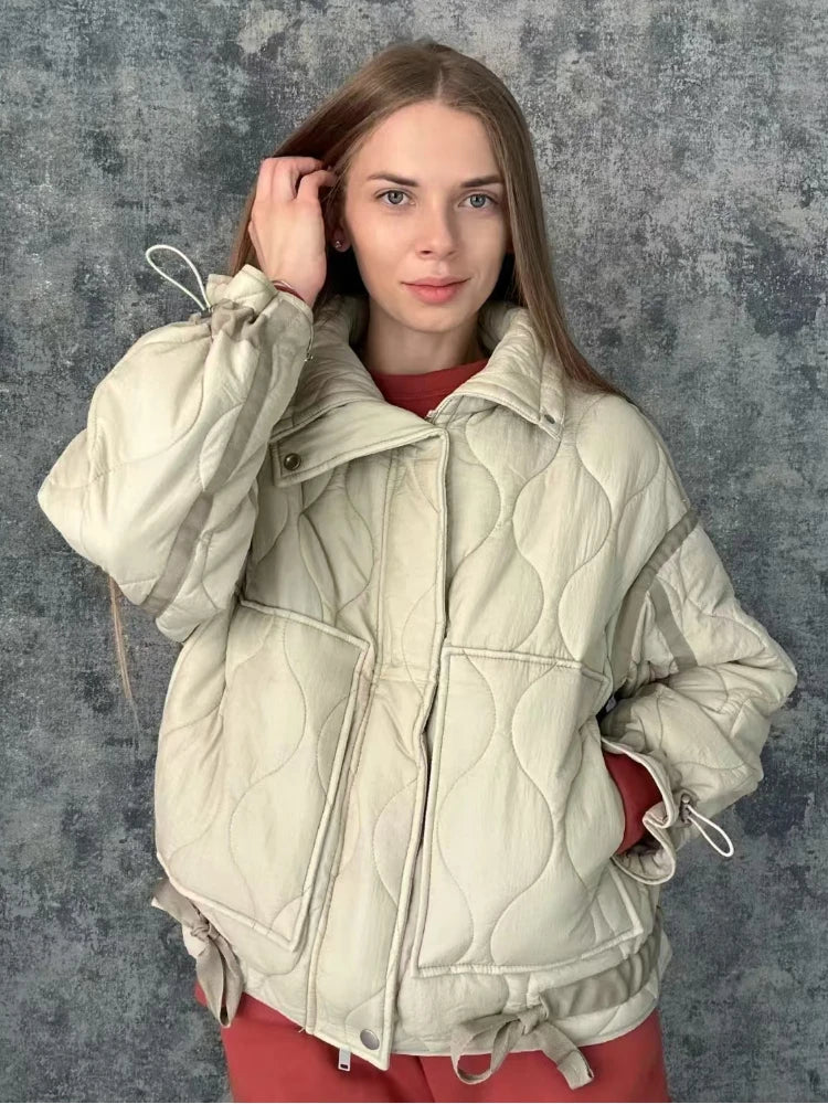 ZBZA Women Quilted Jacket Coat Drawstring High Neck Zipper Hidden Button Clip Cotton Outerwear Fall Winter New Female Chic Coat