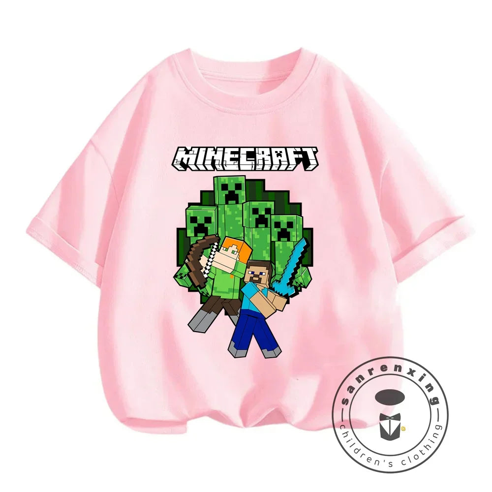 2024 Summer Minecraft Print Children Cotton T Shirts Cartoon Game Boys Girls Clothes Kids T-shirt Clothes For 3-13Y