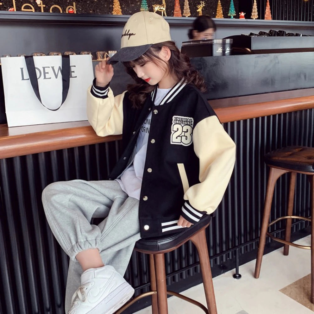 Spring Fall New Girls Baseball Jacket Fashion Splicing Teen Kids Outerwear Loose Casual School Children Clothing 10 12 14 Years