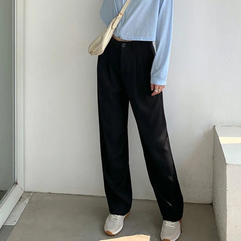 High Waist Women Suit Pants Fall Straight Office Ladies Korean Fashion Trousers Casual Button Loose Female Black Pants New 2024