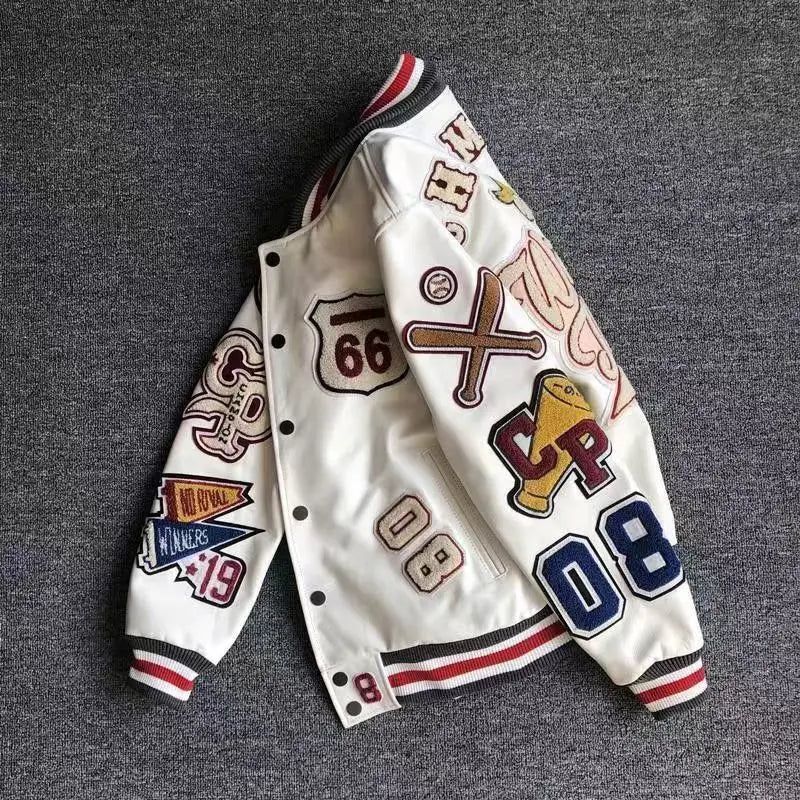 Men's Spring Autumn baseball uniform Retro Trend Men Leather Jacket heavy industry Embroidery white short Coat ins hot sale