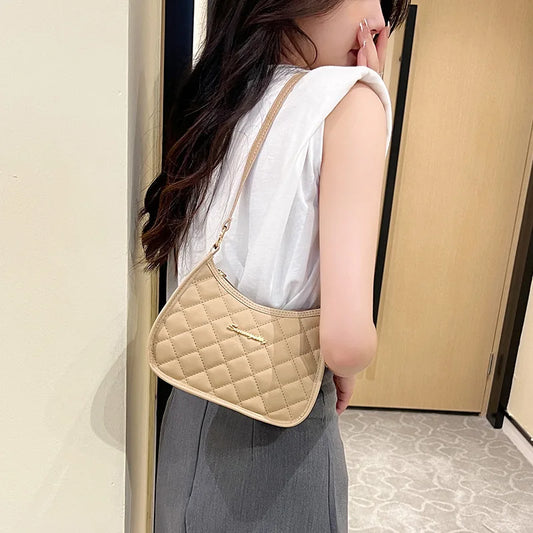 Simple Shoulder Bags For Women Solid Color Pu Leather Underarm Bag Female Fashion Rhombus Pattern Phone Purse Handbag Ladies New