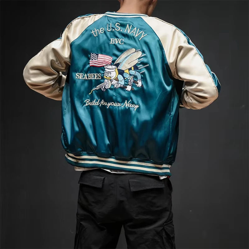 Satin Bomber Jacket Women Men Sukajan Crane Embroidery Coat Hiphop Boys Harajuku Clothing 2025 Autumn Spring