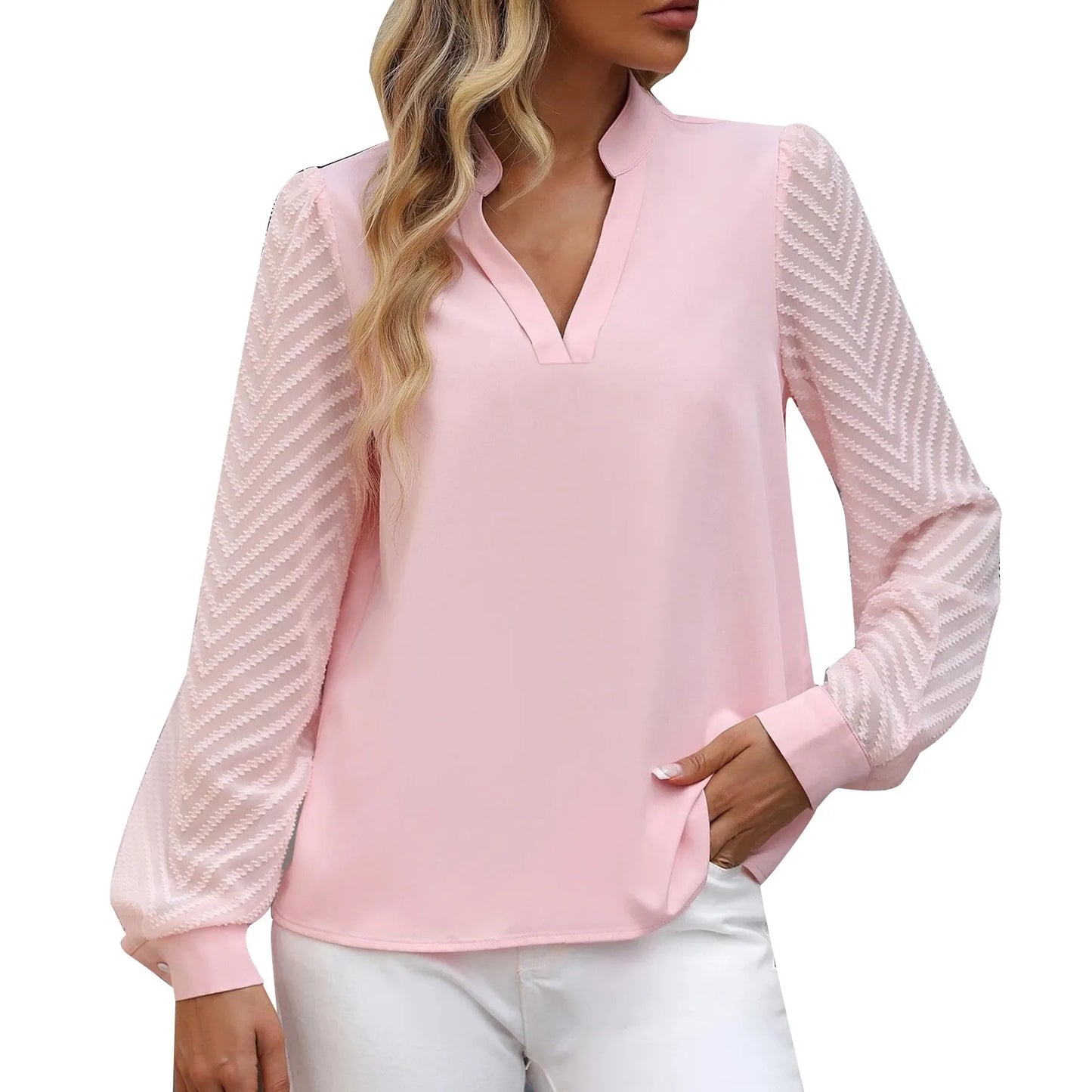 V Neck Spliced Chiffon Long Sleeve Blouses Formal Blusa Mujer