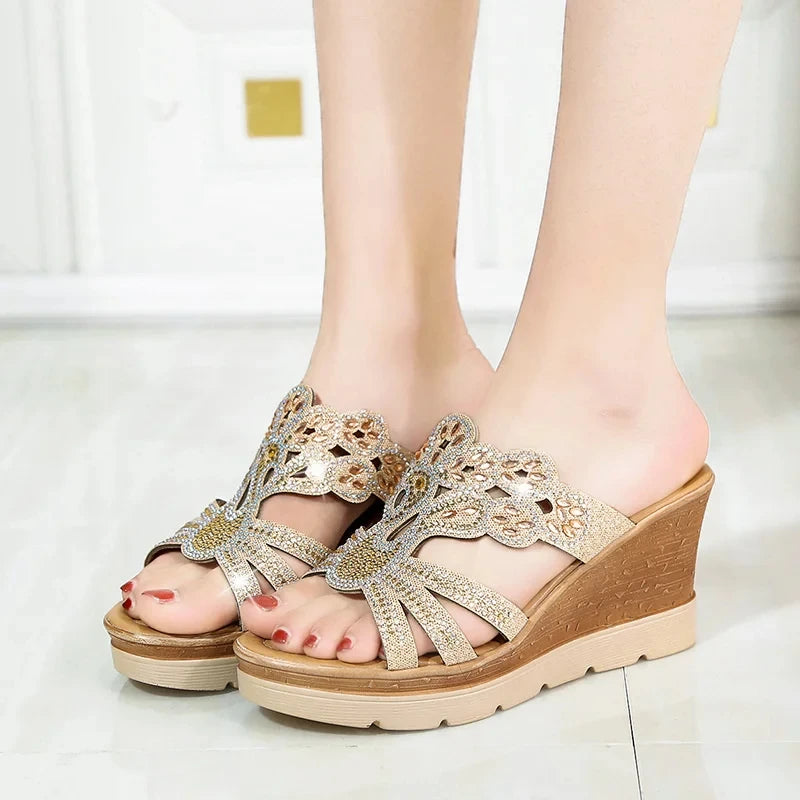 Women Round Toe Wedges Heel Casual Party Rhinestones Sandals