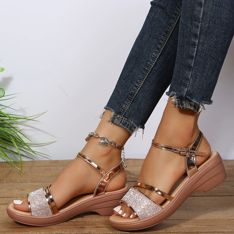 Golden Platform Dame Sommer Chaussures Femme Sandaler