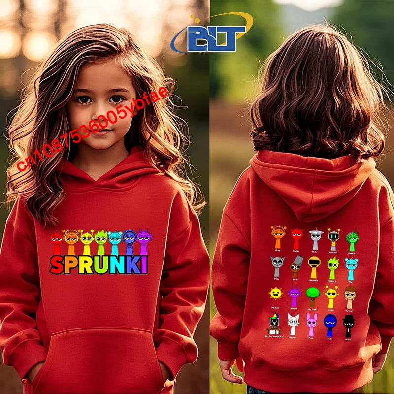 Cartoon Sprunki printed children's clothing kids hoodie red sports sweater casual tops for girls