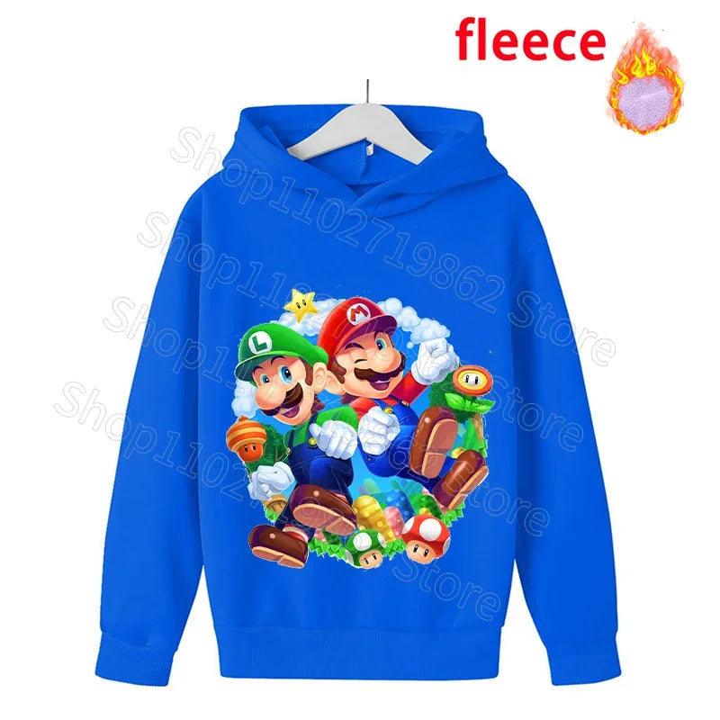 Super Mario Bros Kids Clothes Princess Peach Luigi Fleece Sweatshirts Cartoon Game Character Pattern Long Sleeves Baby Show Gift