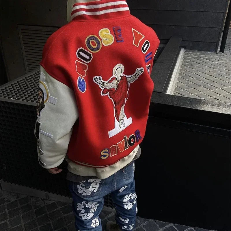 Mens Bomber Jacket Hip Hop Letter Flocking Embroidery Loose Casual Baseball Coat Unisex High Street Loose Retro Outwear Spring