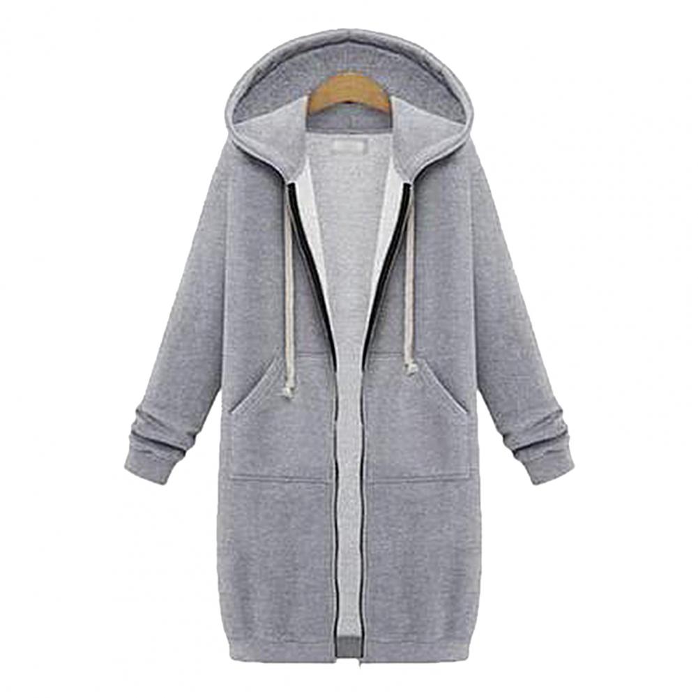 Solid Color Side Pockets Jacket Hoodie Long Sleeve Zipper Closure Drawstring Hooded Sweatshirt Ladies Clothing