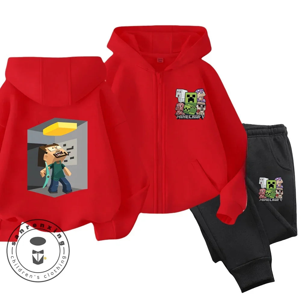 Minecraft Anime Printed Boys and Girls Hoodies Hoodies Zipper Set Casual Sports Fashion Top Pants 3-14 Years Old