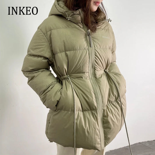 Winter luxury Hooded down jacket women Warm Fashion Adjustable waist puffer coat Oversized Ladies Clothes Snow INKEO 2O176