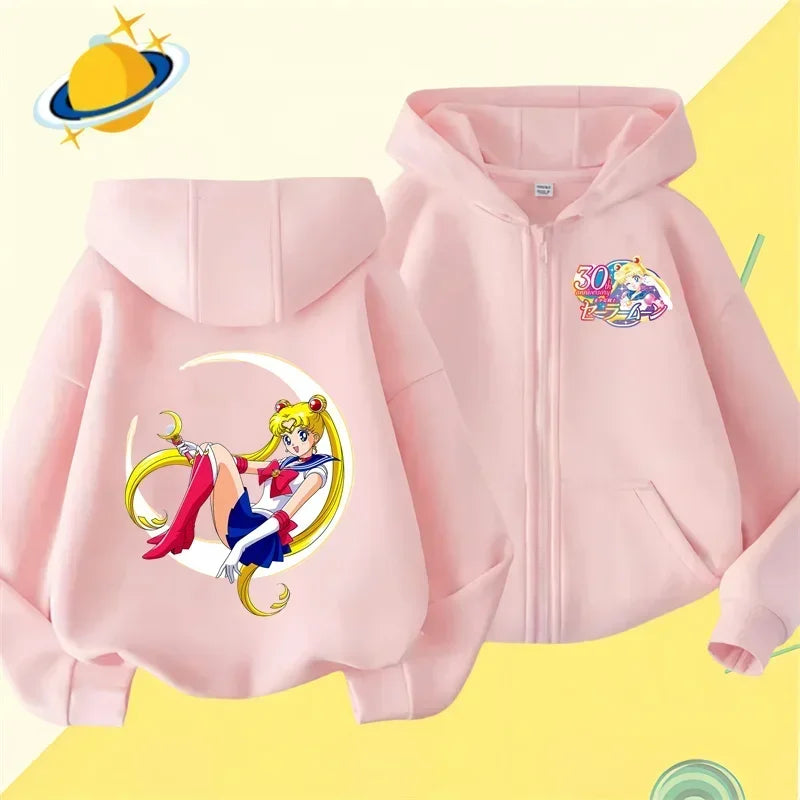 Anime Sailor Moon zipper hoodie for kids cartoon printed Fall/Winter long-sleeved sweatshirt casual girl Kawaii clothing