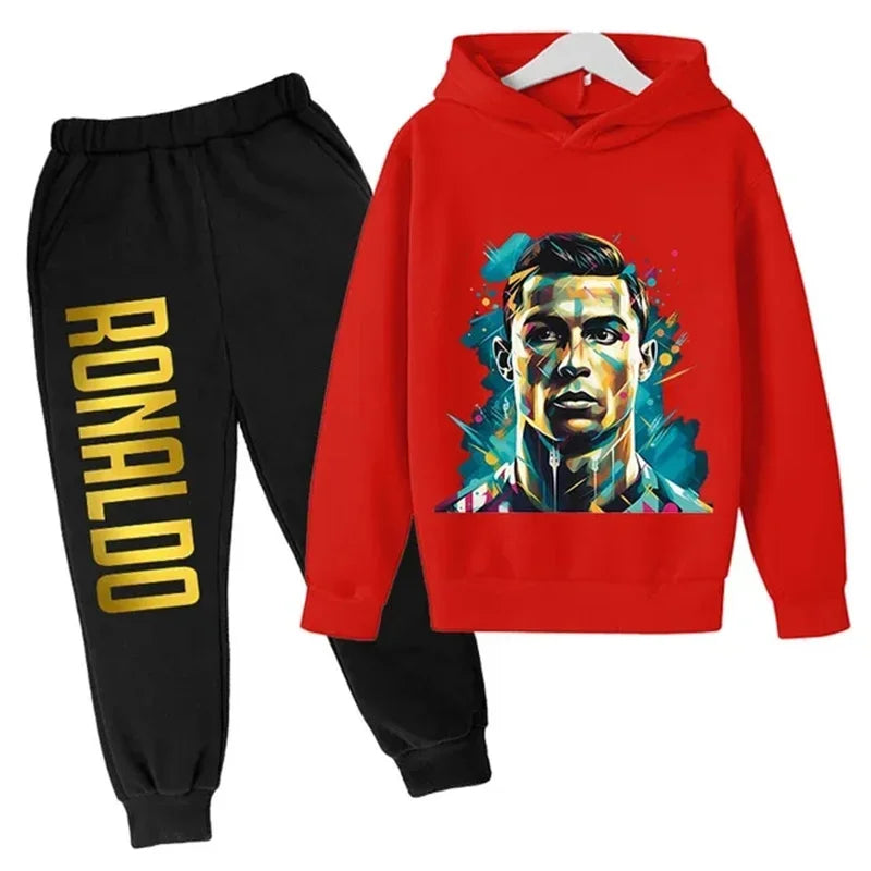 Ronaldo printed children's hoodie set autumn and winter fleece hooded pants two-piece sports casual children's clothing