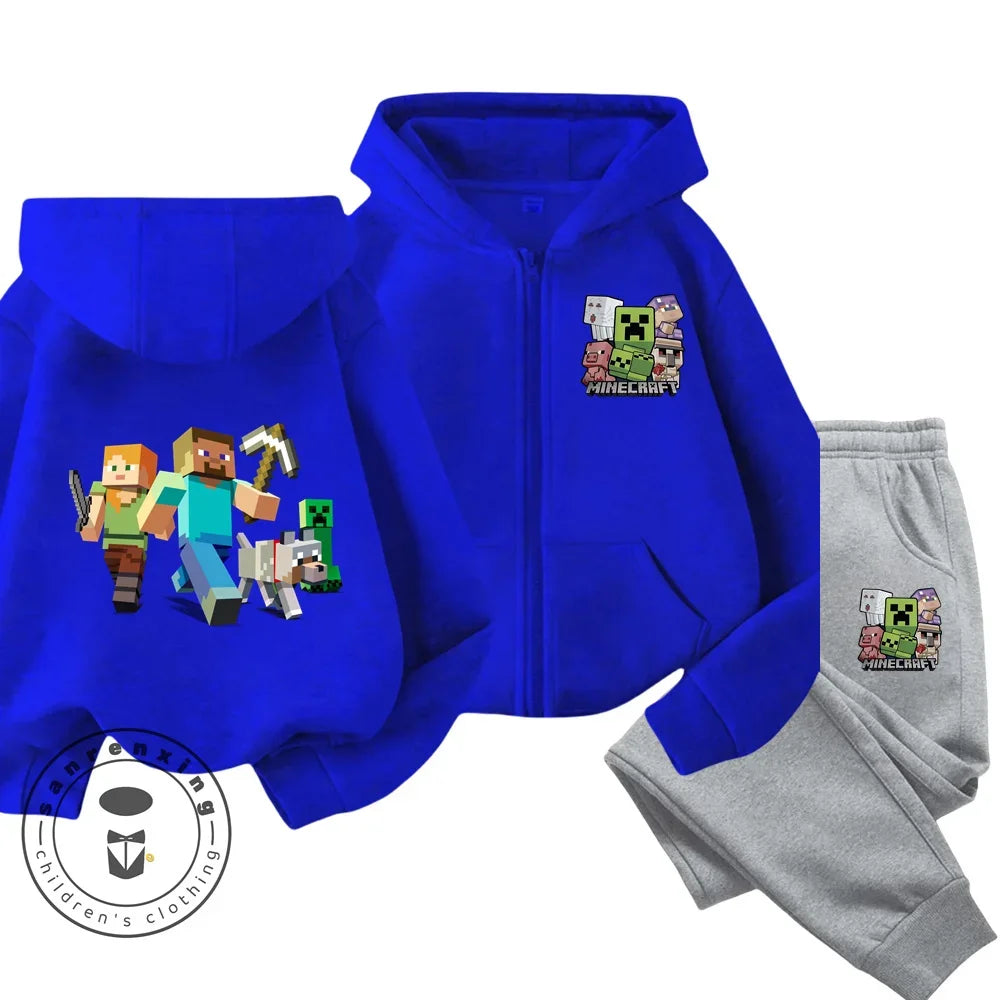 2024 New Minecraft Cherry Printed Hooded Zipper Hoodie Set for Boys and Girls Casual Top Children's Sports Comfort Set