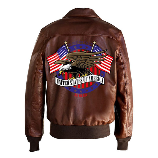 USA Bald Eagle Printed Bomber Genuine Leather Jacket-0