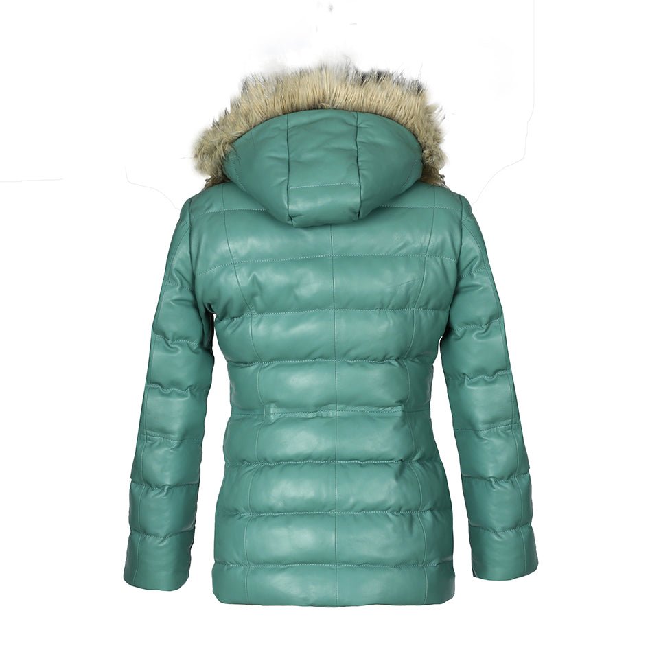 Womens Selina Puffer Leather Jacket with Fur Hoodie (Cyan)-3