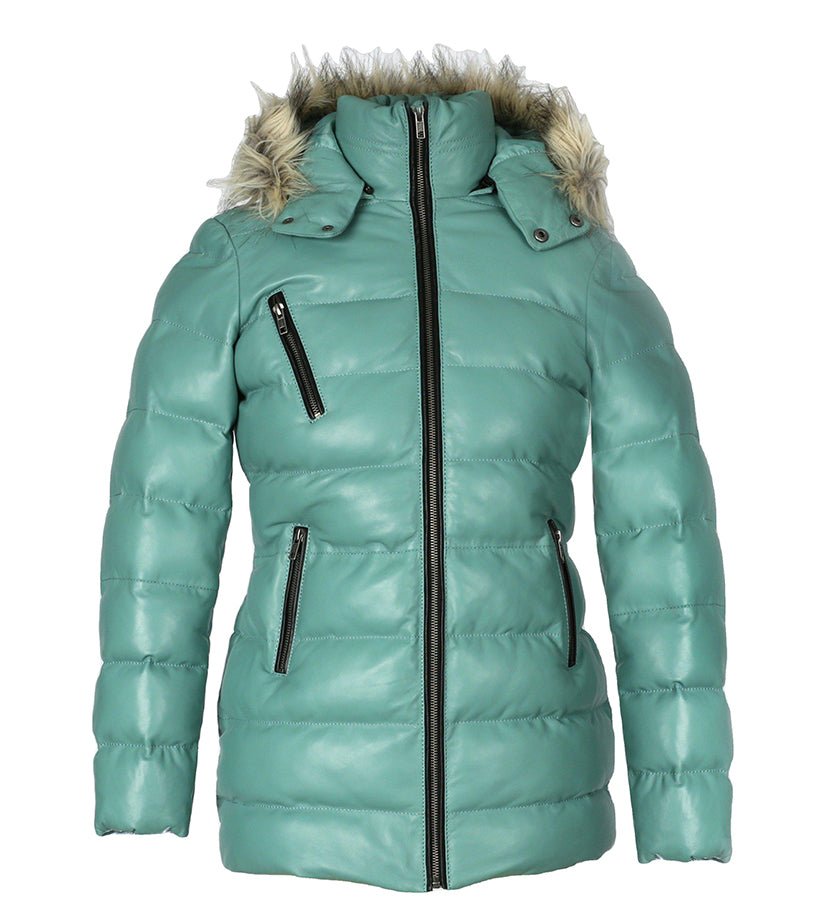 Womens Selina Puffer Leather Jacket with Fur Hoodie (Cyan)-0